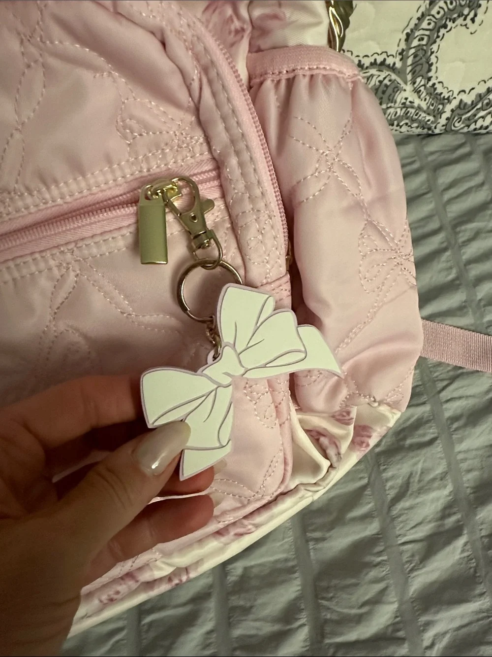 LoveShackFancy Pink Floral Quilted Backpack with Bow Charm